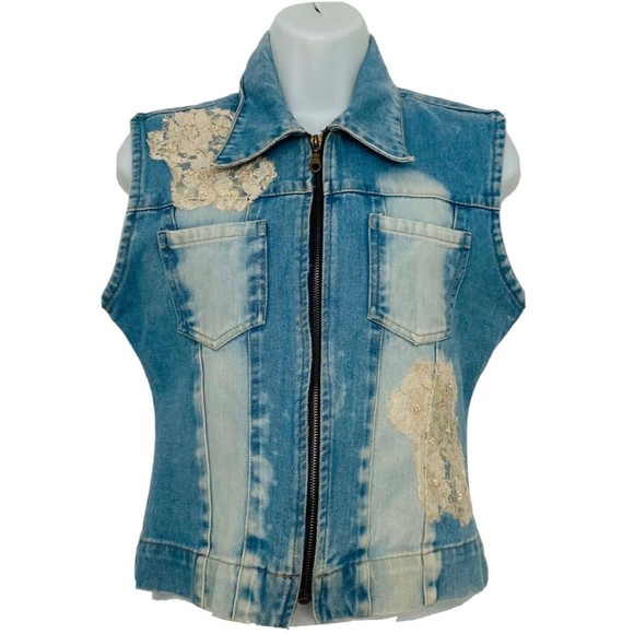Les Rivales Lace Distressed Light Wash Denim Zip Up Jean Vest Size 40/US Size M - Picture 3 of 12